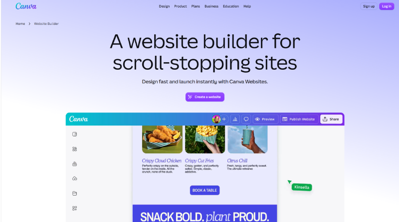 Canva website builder landing page with a large editor mockup beneath the main call-to-action.